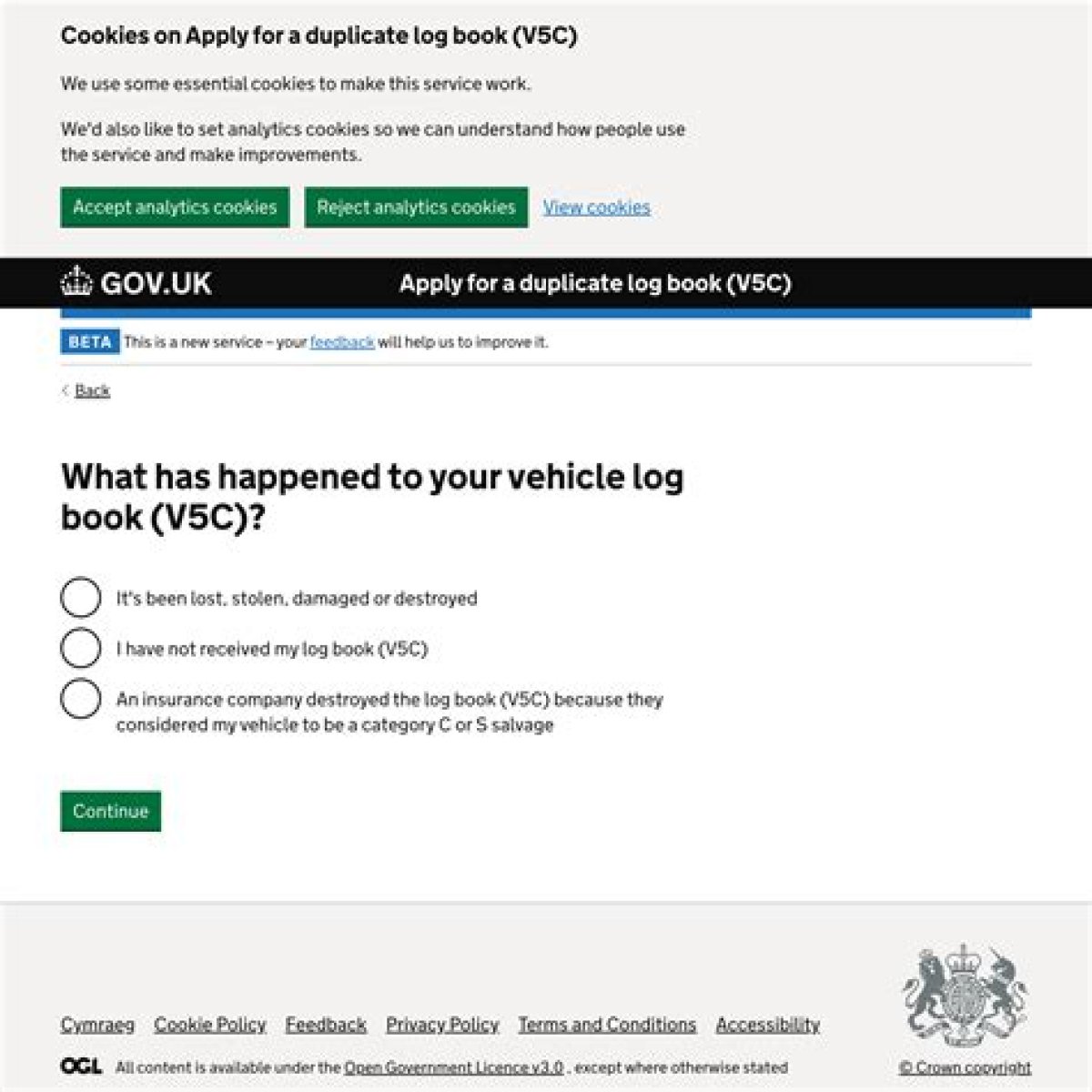 Apply for duplicate log book (V5C) beta assessment report
